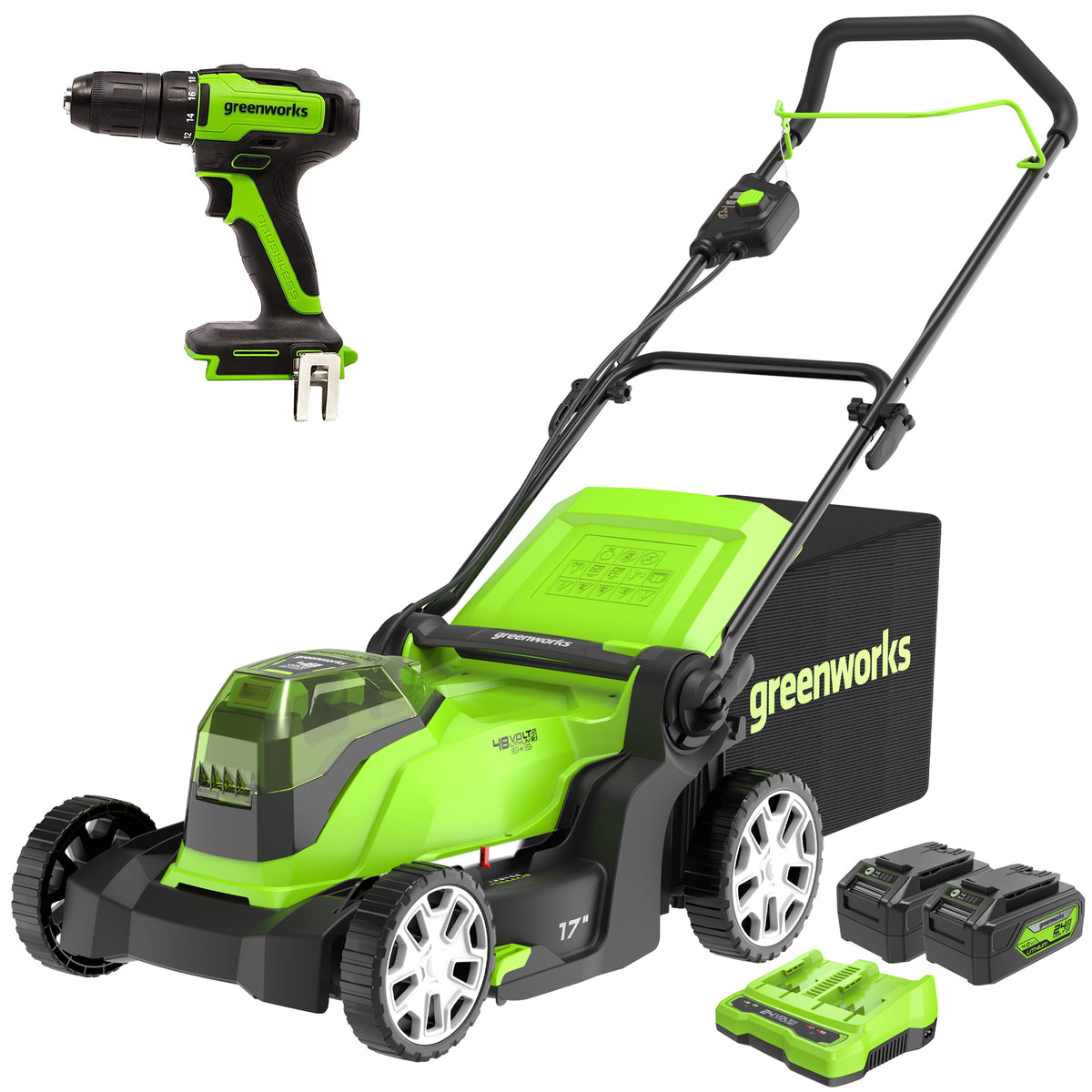 48V (24V x 2) 17" Cordless Battery Push Mower & FREE Drill/Driver Combo Kit w/ (2) 4.0 Ah USB Batteries & Dual Port Charger