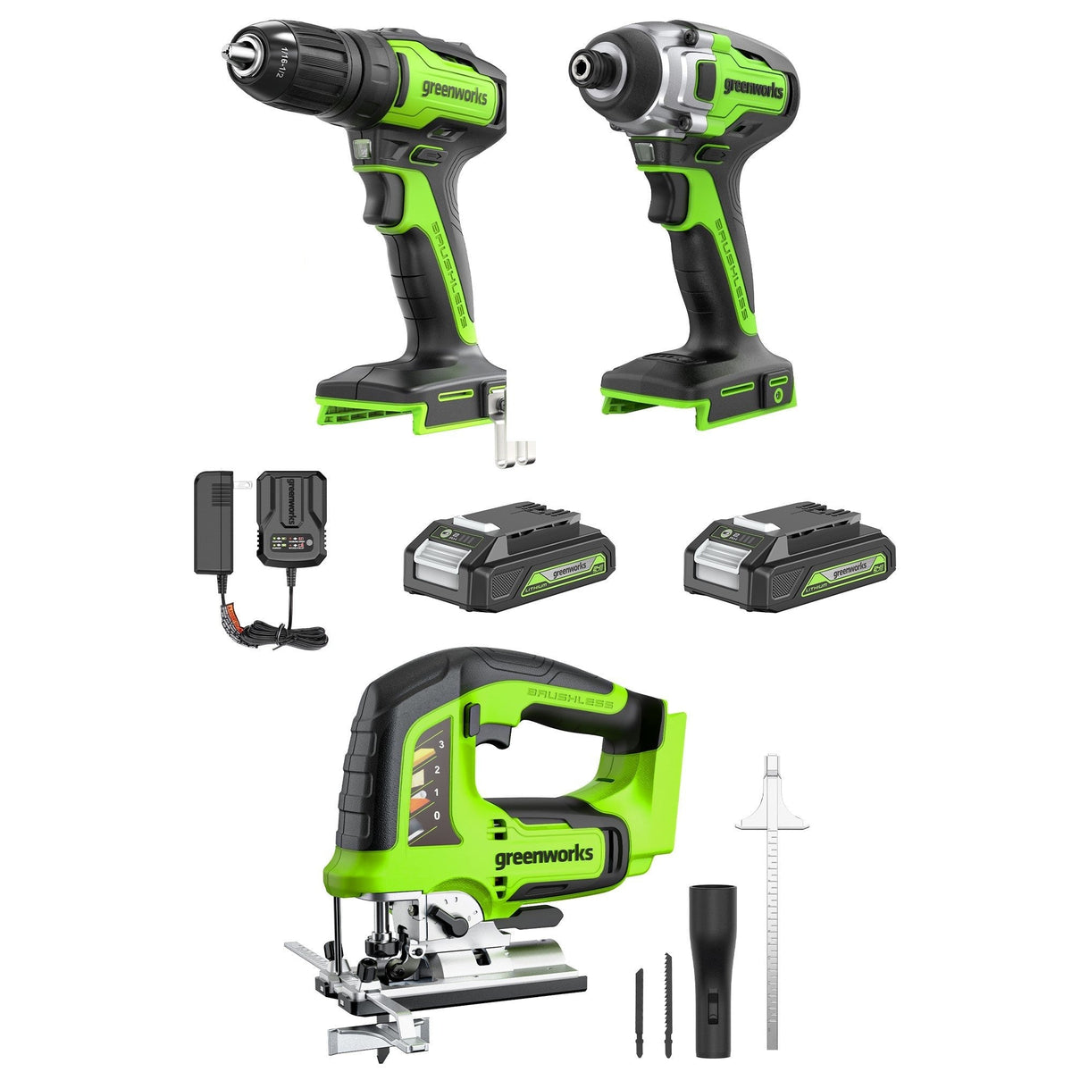 24V Cordless Battery Drill, Impact Driver and Jig Saw 3PC Combo Kit: (2) 2.0 Ah Batteries and Charger