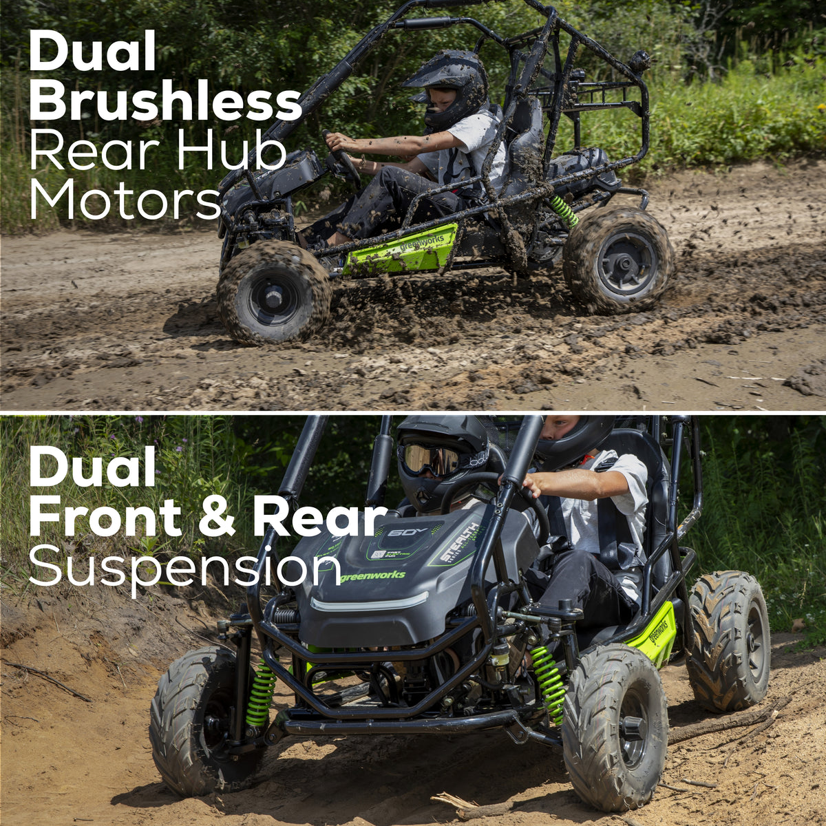 60V Gen 2 STEALTH Series All-Terrain 2-Seat Electric Youth Go-Kart: (2) 8Ah Batteries and Dual-Port Charger