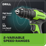 24V Brushless 1/2" 310 in/lbs Drill Kit: (2) 2Ah Batteries and Charger, 8-piece Bit Set and Tool Bag Included