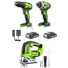 24V Cordless Battery Drill, Impact Driver and Jig Saw 3PC Combo Kit: (2) 2.0 Ah Batteries and Charger