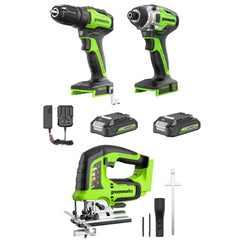 24V Cordless Battery Drill, Impact Driver and Jig Saw 3PC Combo Kit: (2) 2.0 Ah Batteries and Charger