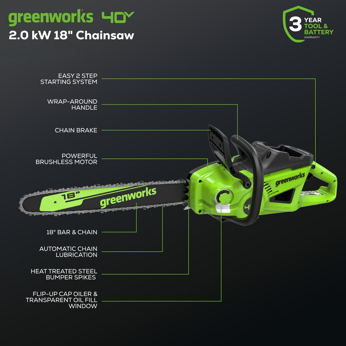 40V 18" Cordless Battery BL Chainsaw (Tool Only)