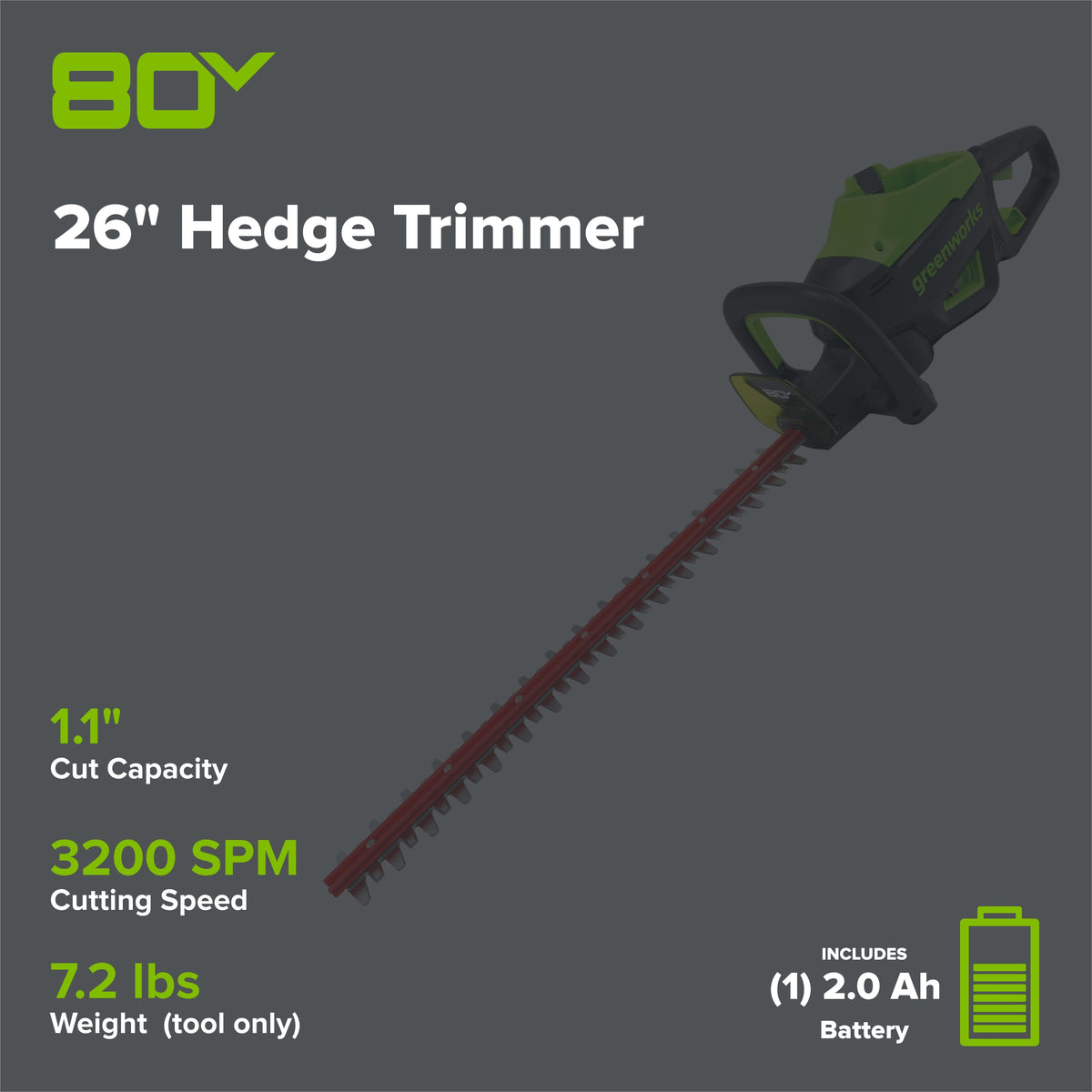80V 26" Cordless Battery Hedge Trimmer (1.1" cut, 3200 SPM): 2.0 Ah Battery and Charger