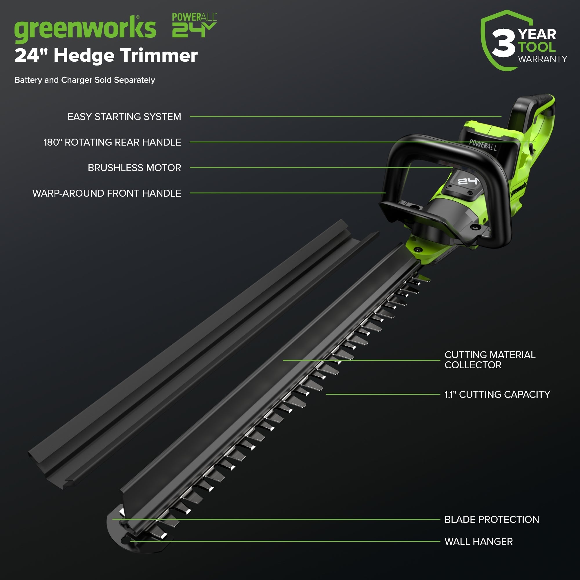 24V 24" Cordless Battery Hedge Trimmer (Tool Only)
