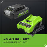 24V 24" Cordless Battery Hedge Trimmer: 2.0 Ah Battery and 2A Charger