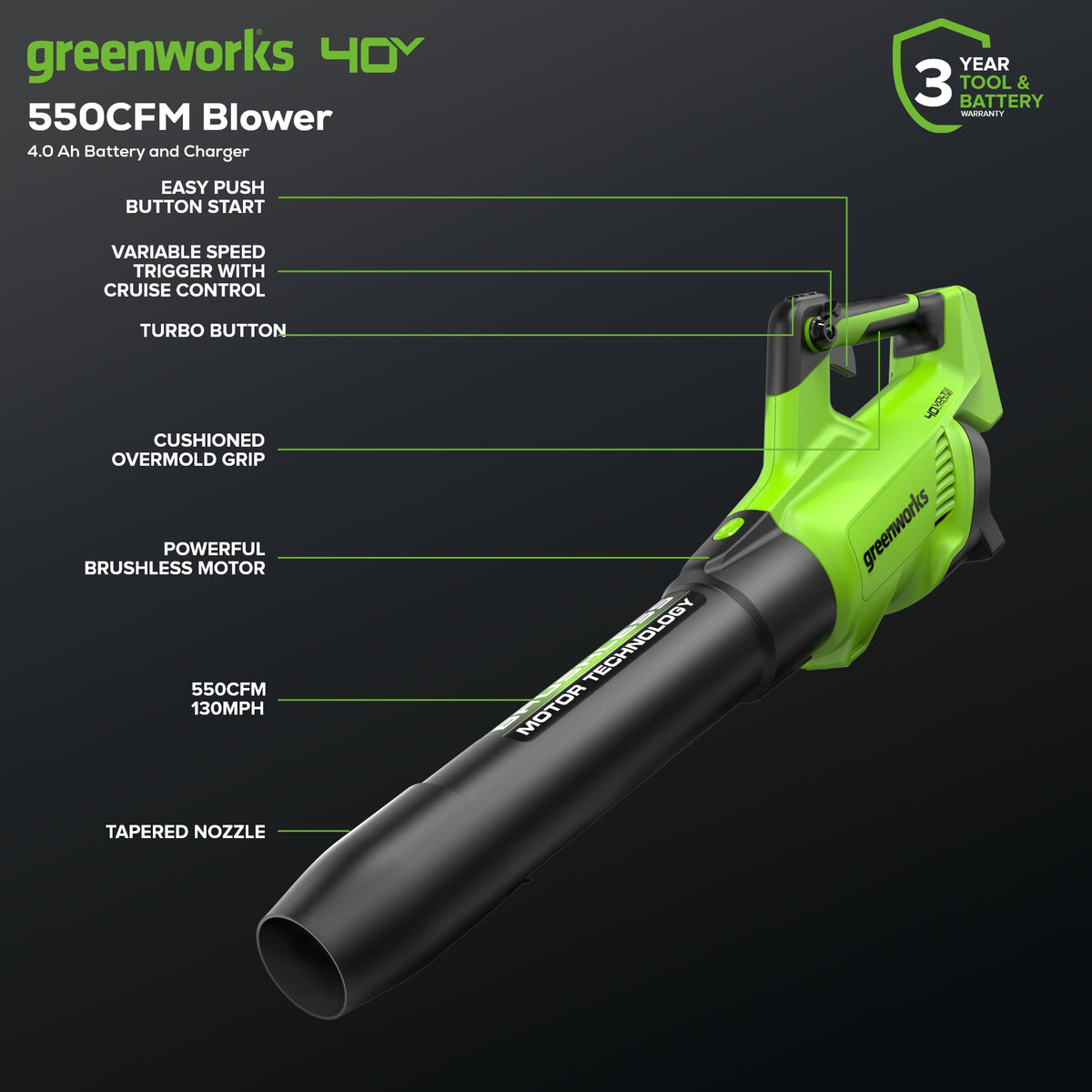 40V 550 CFM Cordless Battery Leaf Blower w/ 4.0 Ah Battery & Charger