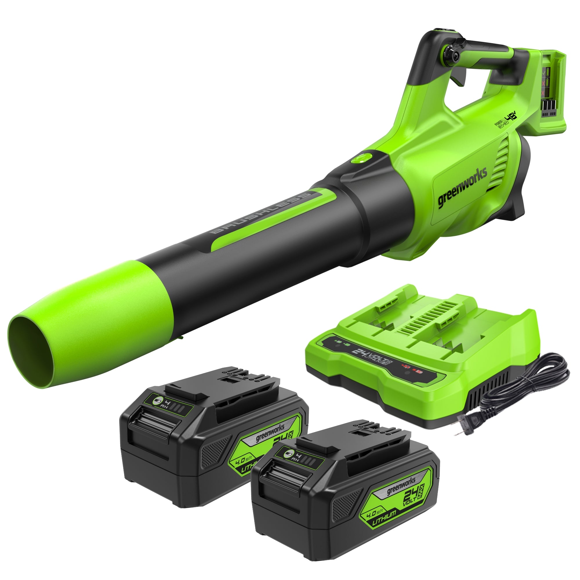 48V (24V x 2) 585 CFM Cordless Battery Leaf Blower w/ (2) 4.0 Ah USB Batteries & Dual Port Charger