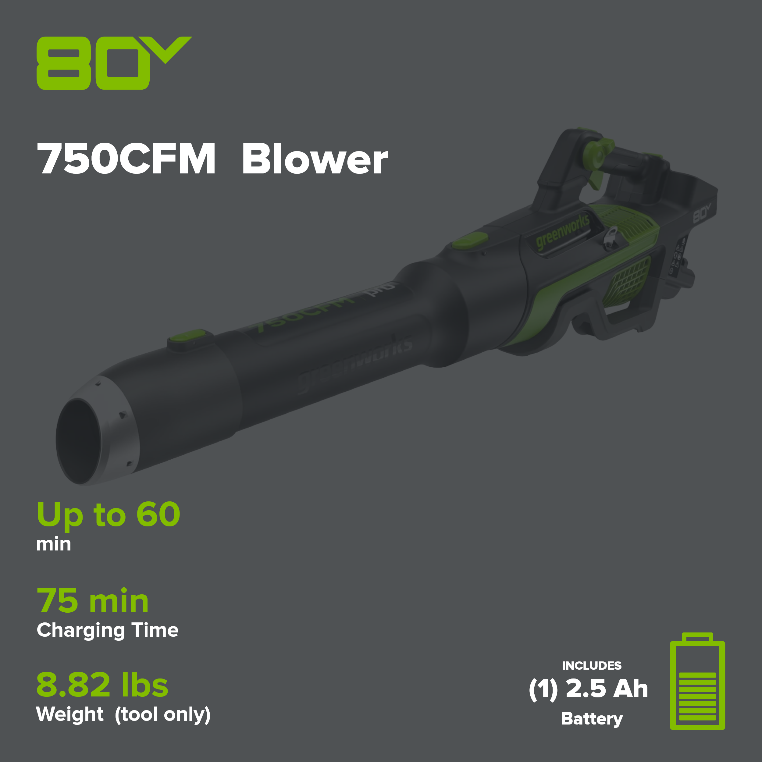 80V 750CFM Cordless Battery Leaf Blower: 2.5 Ah Battery and Charger