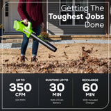 40V 350 CFM Cordless Battery Leaf Blower: 2.0 Ah Battery and Charger