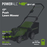 48V (24V x 2) 17" Cordless Battery Push Lawn Mower w/ Two (2) 4.0Ah USB Batteries & Dual Port Charger, LM1712