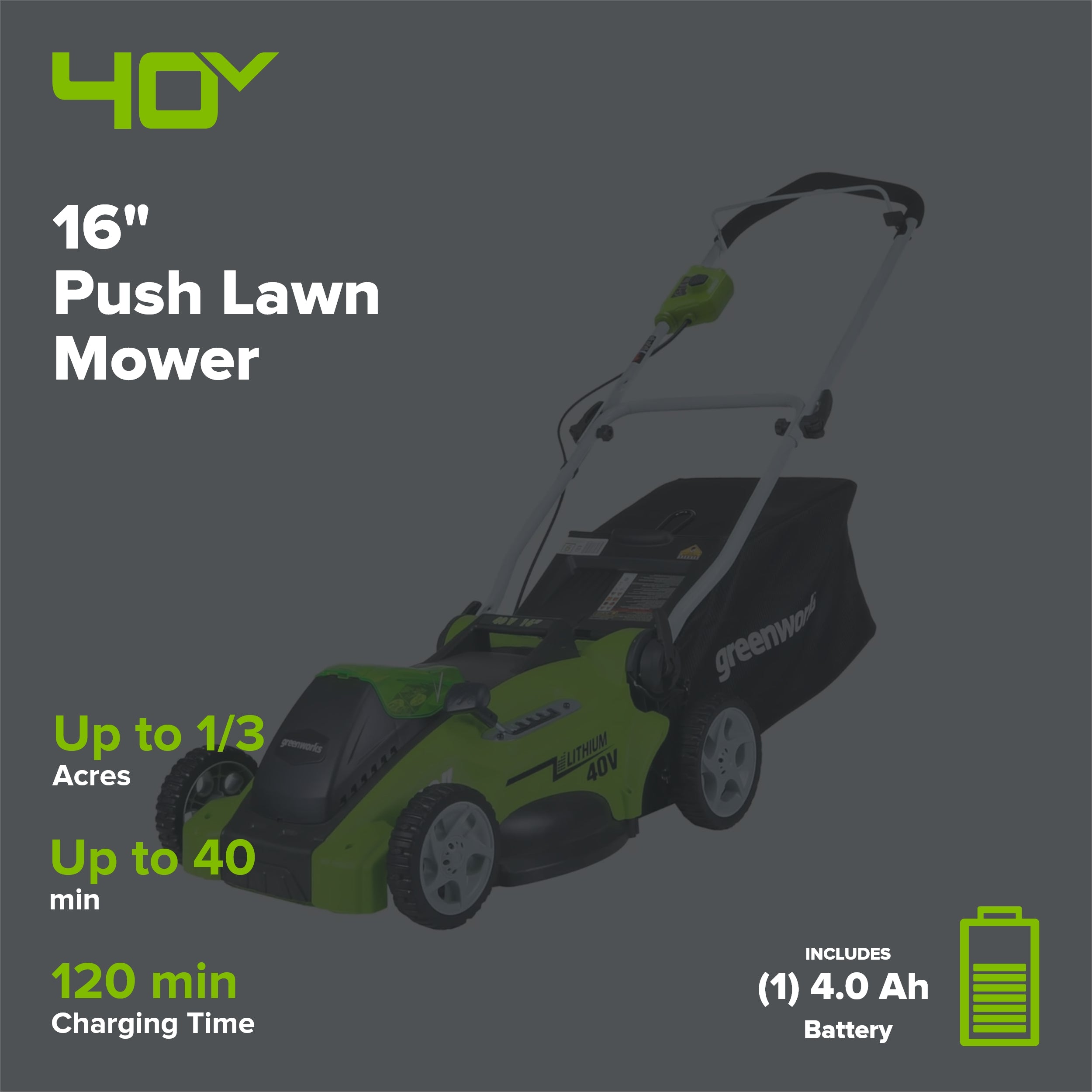 40V 16" Cordless Battery Push Mower 3pc Combo Kit, 4Ah Battery, 2Ah Battery and Charger