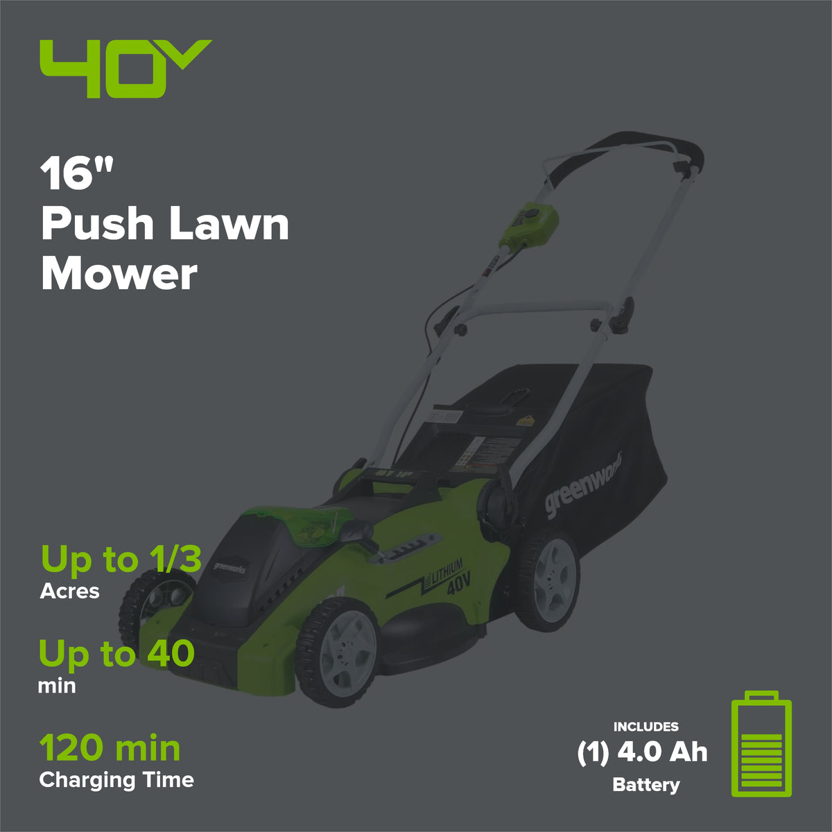 40V 16" Cordless Battery Push Mower 3pc Combo Kit, 4Ah Battery, 2Ah Battery and Charger