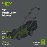 40V 16" Cordless Battery Push Mower 3pc Combo Kit, 4Ah Battery, 2Ah Battery and Charger