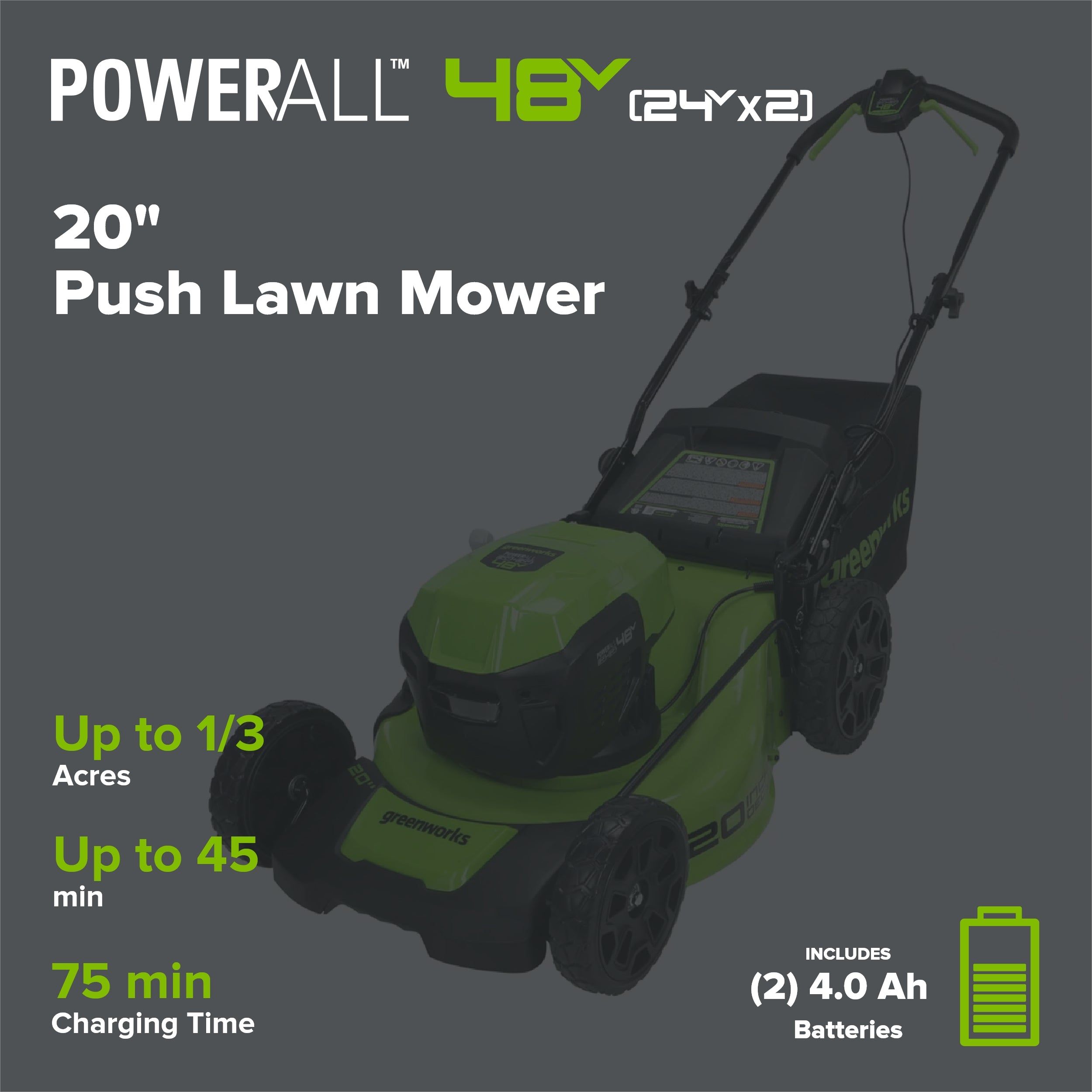 48V (24V x 2) 20" Cordless Battery Push Mower 3PC Combo Kit: (2) 4.0 Ah USB Batteries,(1) 2.0 Ah Battery,(1) Dual-Port Rapid Charger and (1) Charger