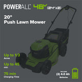 48V (24V x 2) 20" Cordless Battery Push Mower 3PC Combo Kit: (2) 4.0 Ah USB Batteries,(1) 2.0 Ah Battery,(1) Dual-Port Rapid Charger and (1) Charger
