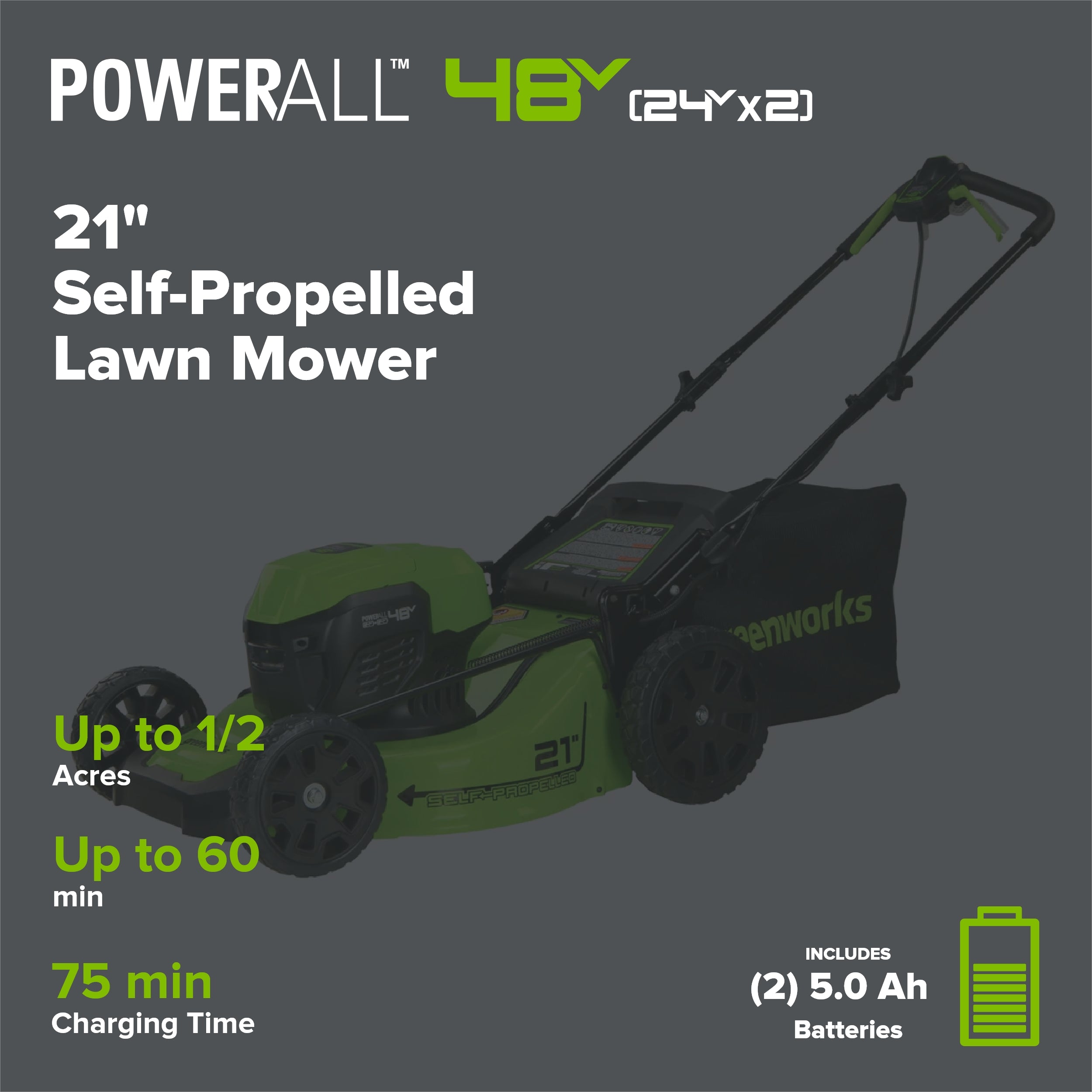 OPEN BOX 48V (24V x 2) 21" Cordless Battery Self-Propelled Mower, 12" String Trimmer and 320 CFM Blower Combo Kit: (2) 5.0Ah Batteries and Chargers