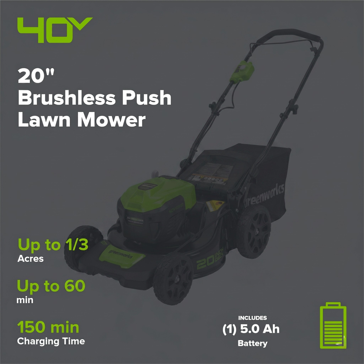 40V 20" Cordless Battery Push Lawn Mower 3PC Combo Kit, (1) 5.0Ah Battery: (1) 2.0 Ah Battery and (2) Chargers