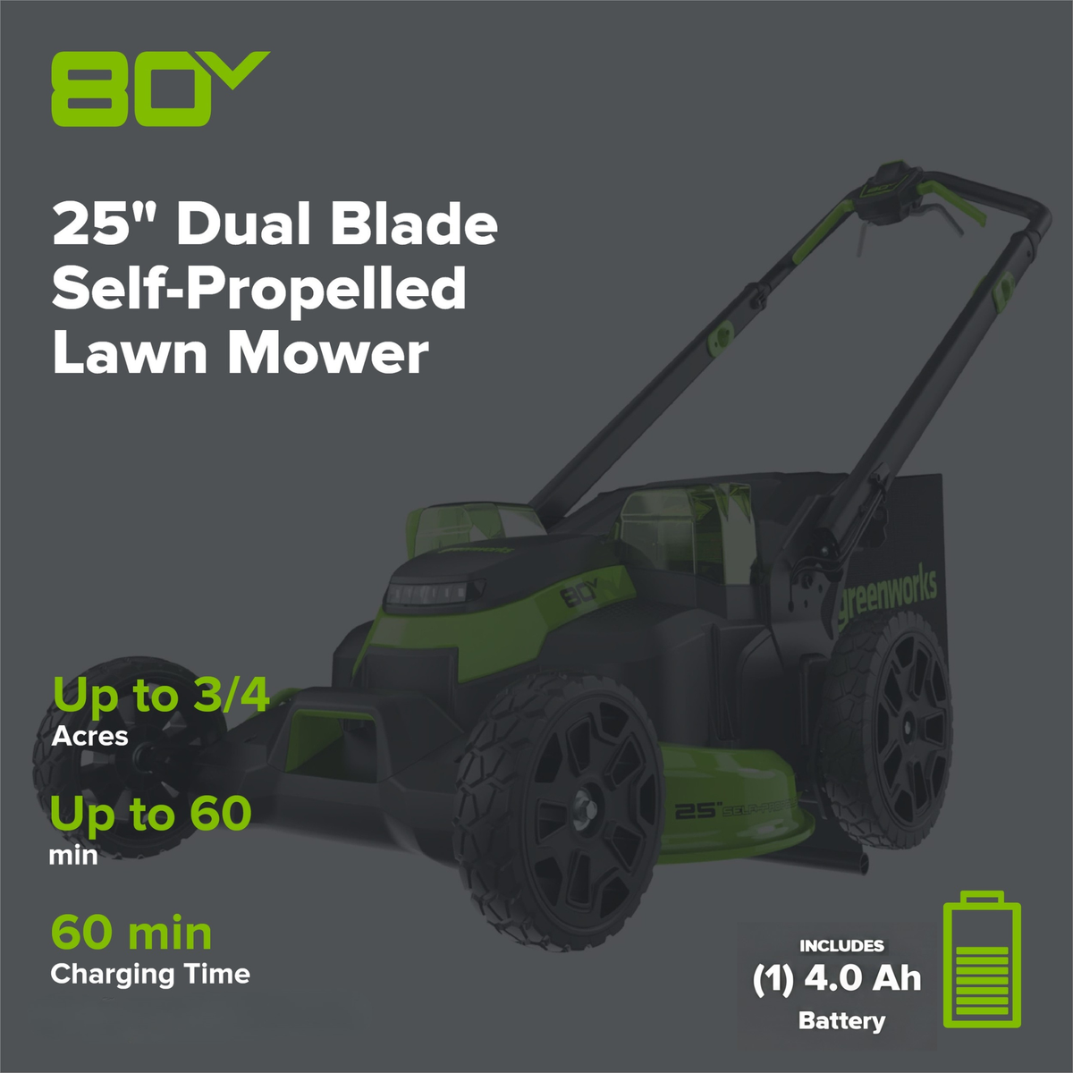 80V 25" Cordless Battery Dual Blade Self-Propelled Mower and 730 CFM Blower Combo Kit: (1) 4.0 Ah Battery and (1) Rapid Charger