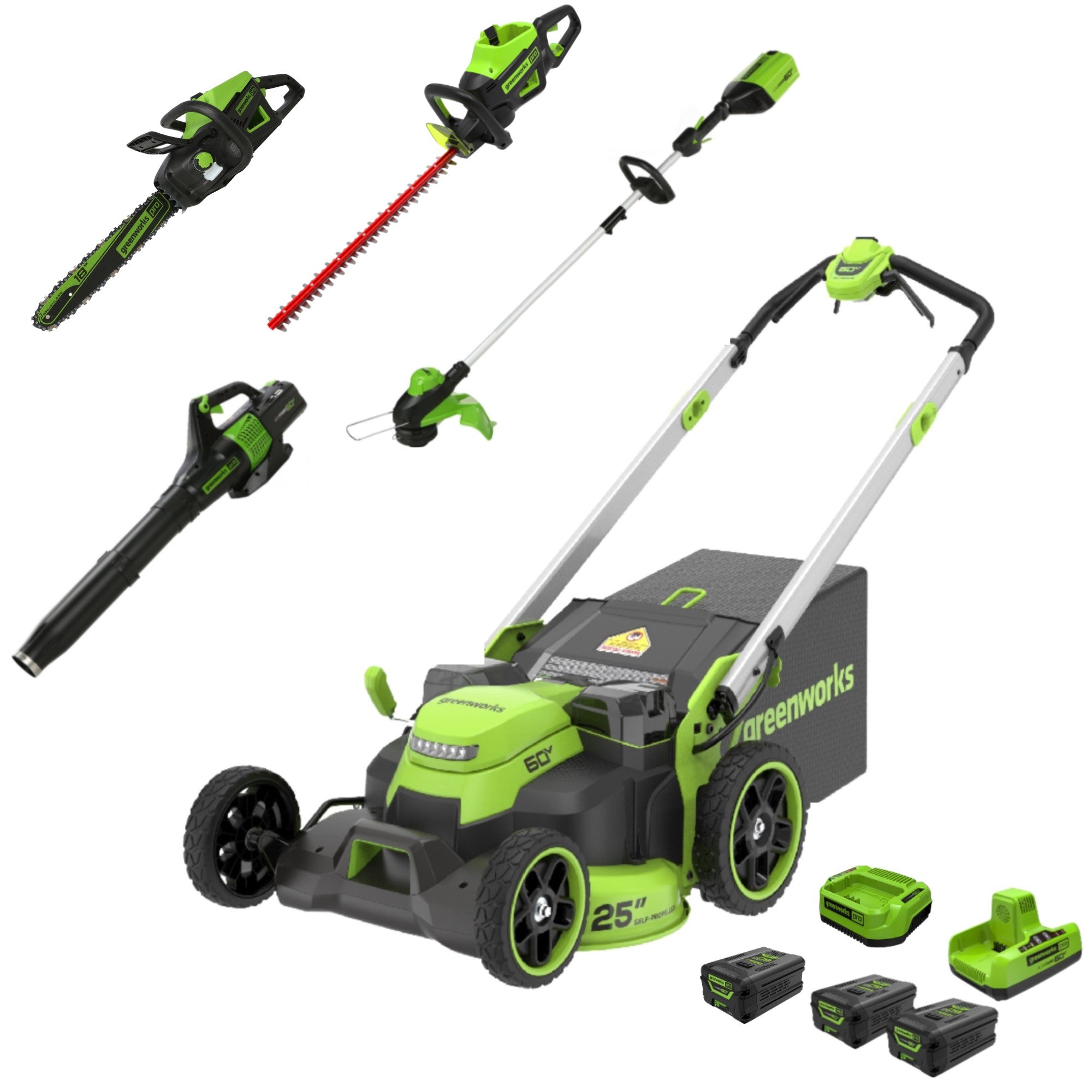 60V 25" Dual Blade Self-Propelled Mower 5-pc Combo Kit, (3) 4.0 Ah Batteries, (1) Single Port Chargers and (1) Dual-Port Charger