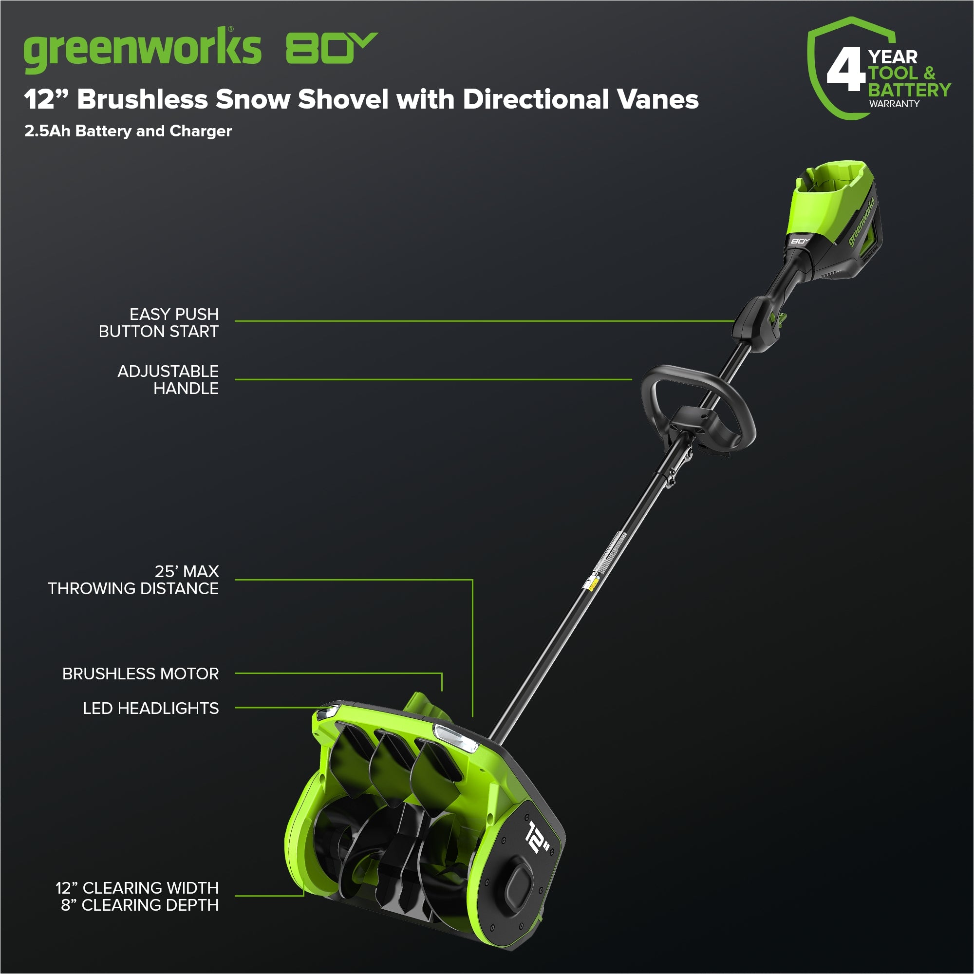 80V 12" Cordless Battery LED Snow Shovel, Directional Vanes: 2.5 Ah Battery and Charger