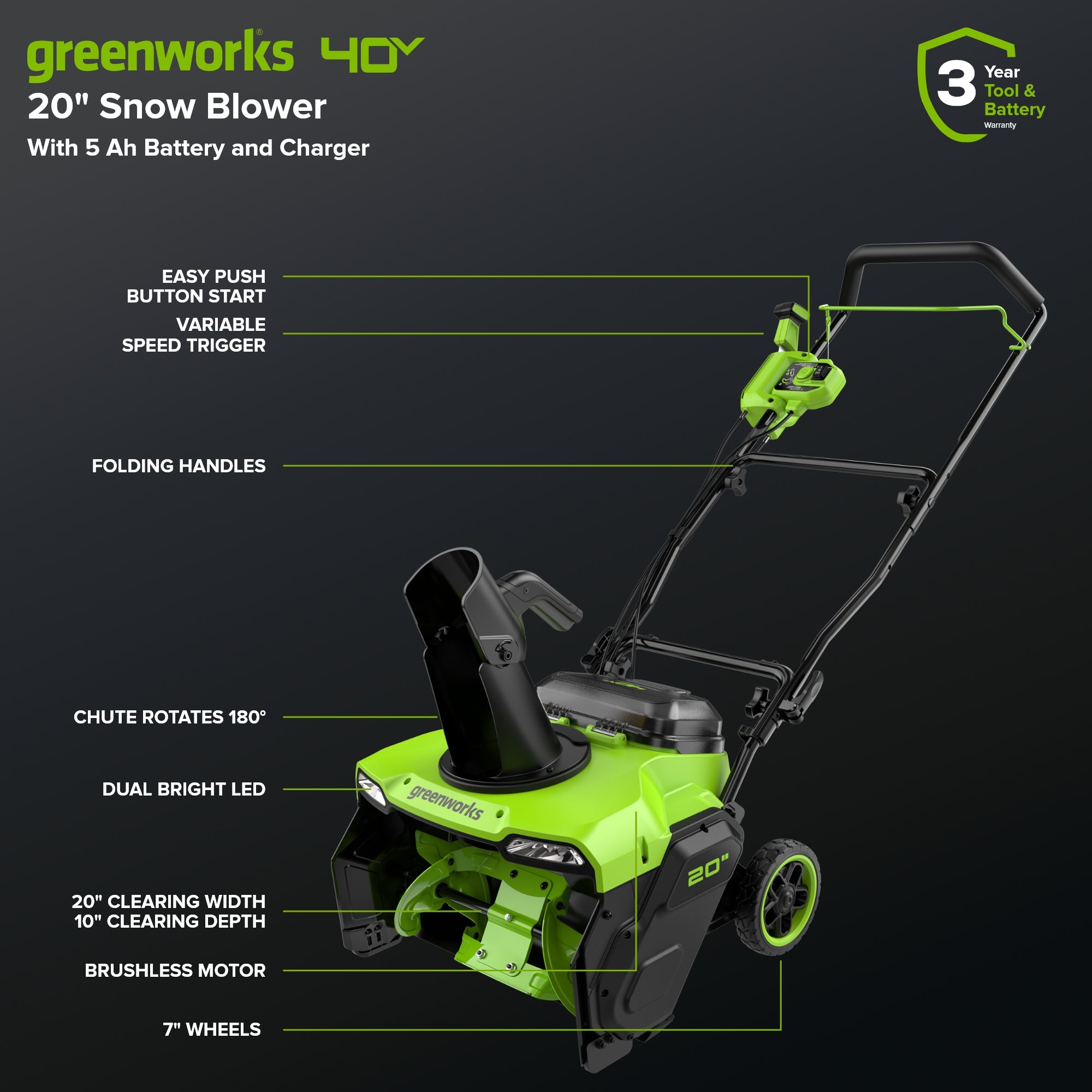 40V 20" Cordless Battery Snow Blower: 5.0 Ah Battery and Charger