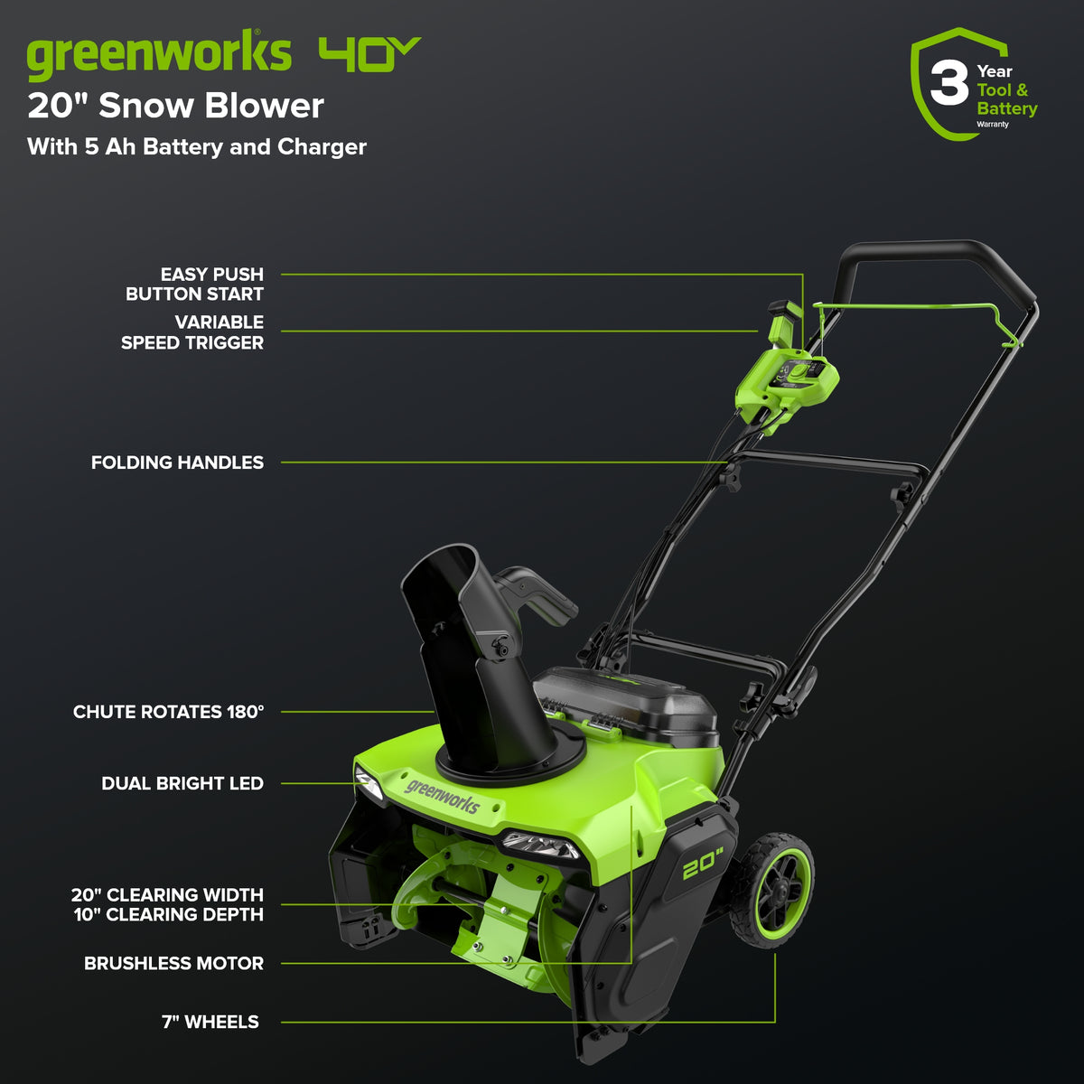 40V 20" Cordless Battery Snow Blower: 5.0 Ah Battery and Charger
