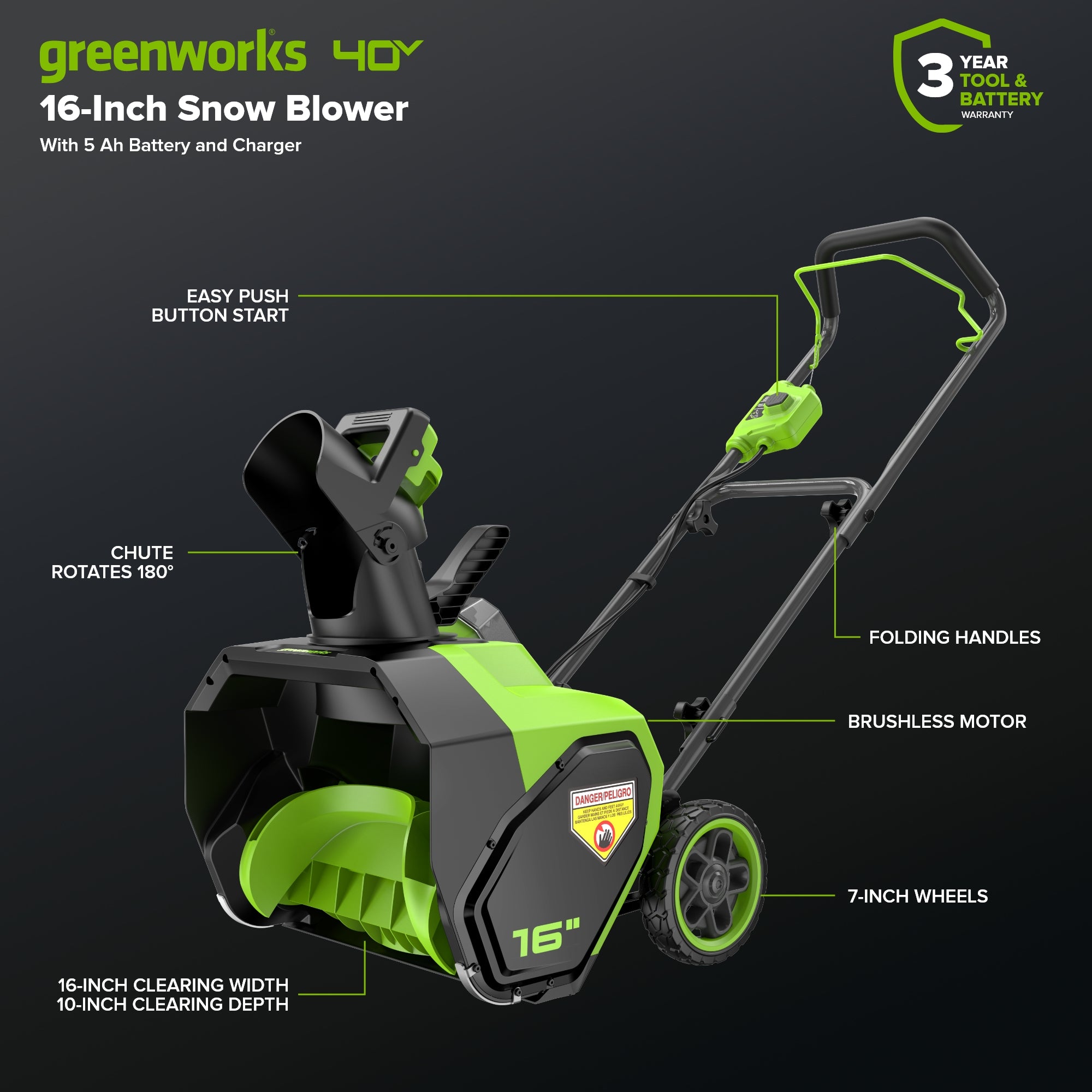 40V 16" Cordless Battery Snow Blower: 5.0 Ah Battery and Charger