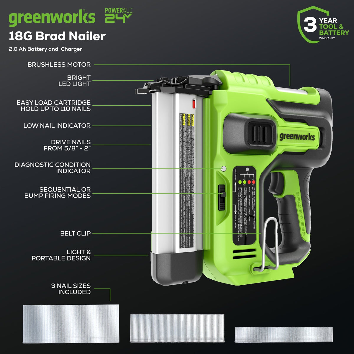 24V 18GA Brad Nailer: 2.0 Ah Battery and Charger