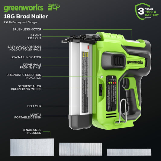 24V 18GA Brad Nailer: 2.0 Ah Battery and Charger