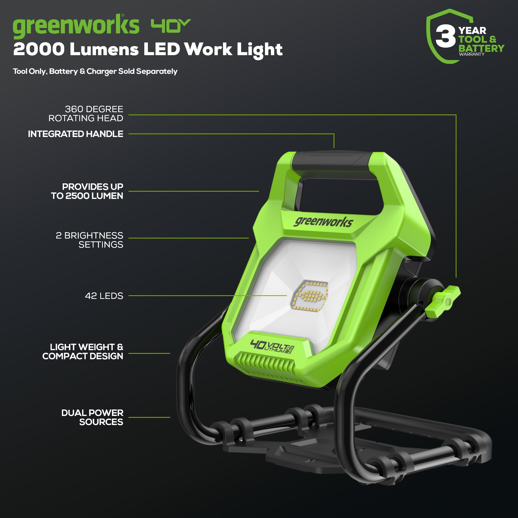 40V AC/DC 2000 Lumen LED Work Light (Tool Only)