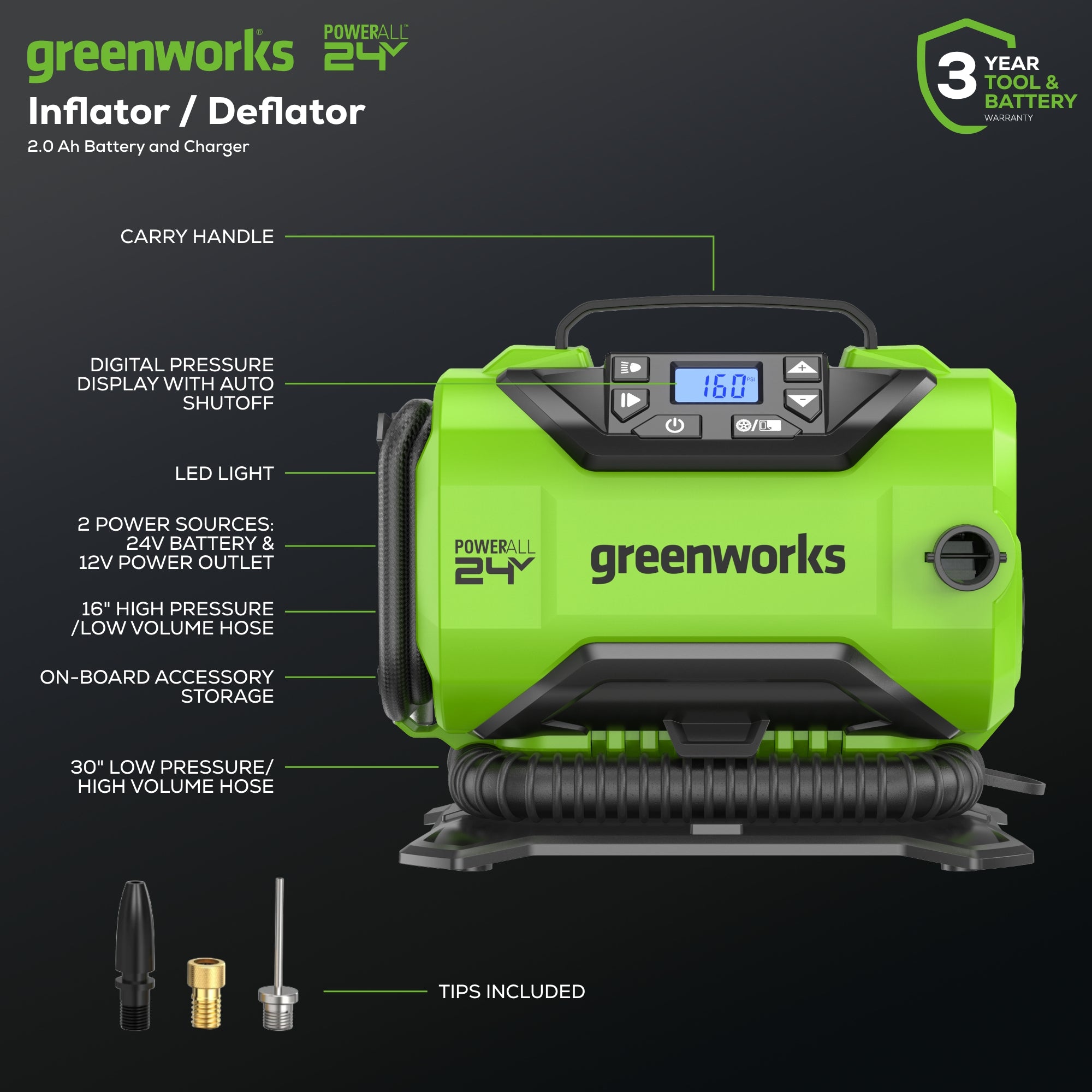 24V Cordless Battery Inflator, (1) 2Ah USB Battery and Charger