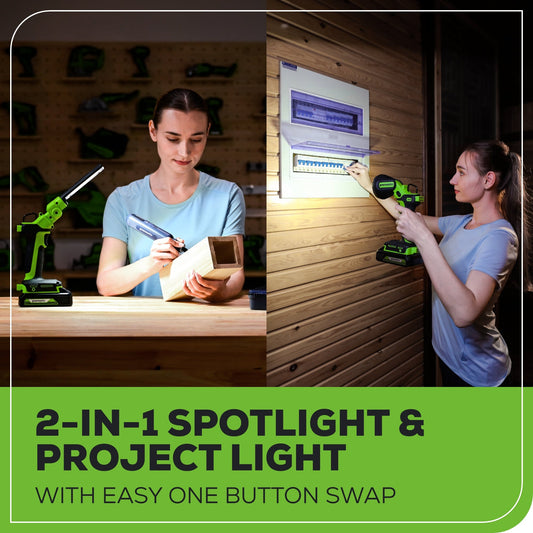 24V Cordless Battery 2-in-1 Work Light: 2.0 Ah Battery and Charger