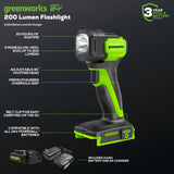 24V 200 Lumen Cordless Battery LED Flashlight: 2.0 Ah Battery and Charger