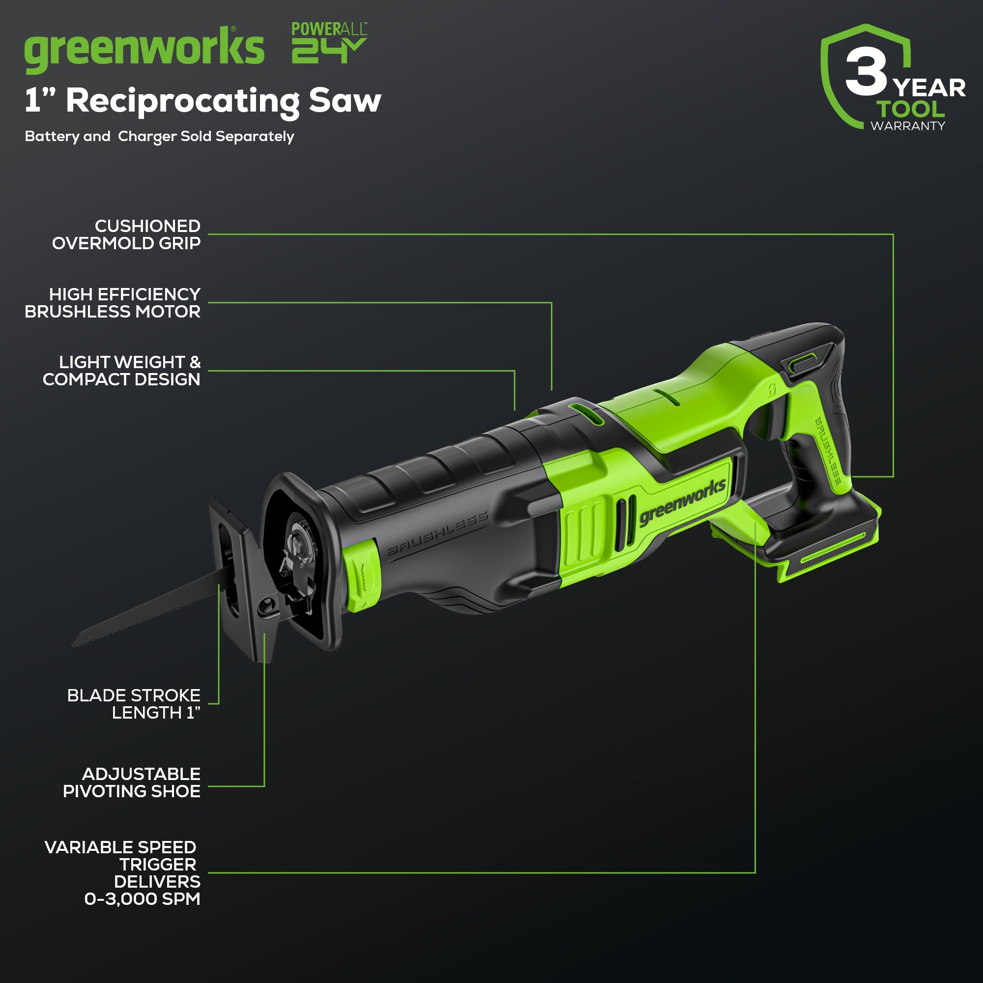 24V 1-1/8" Reciprocating Saw (Tool Only)