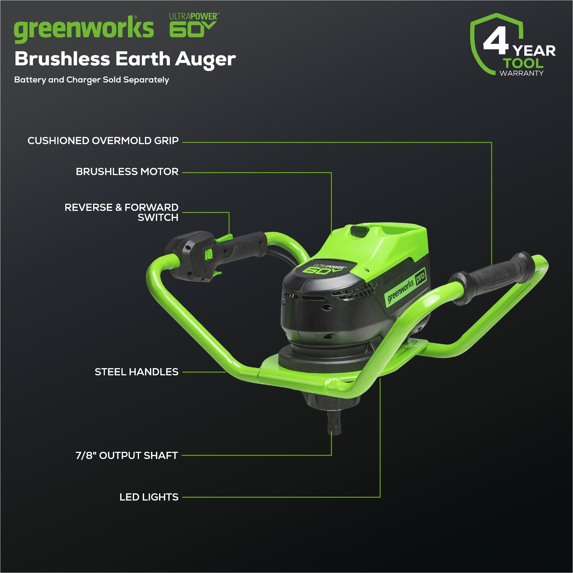 60V Cordless Battery Brushless Earth Auger / Post Hole Digger (Tool Only)