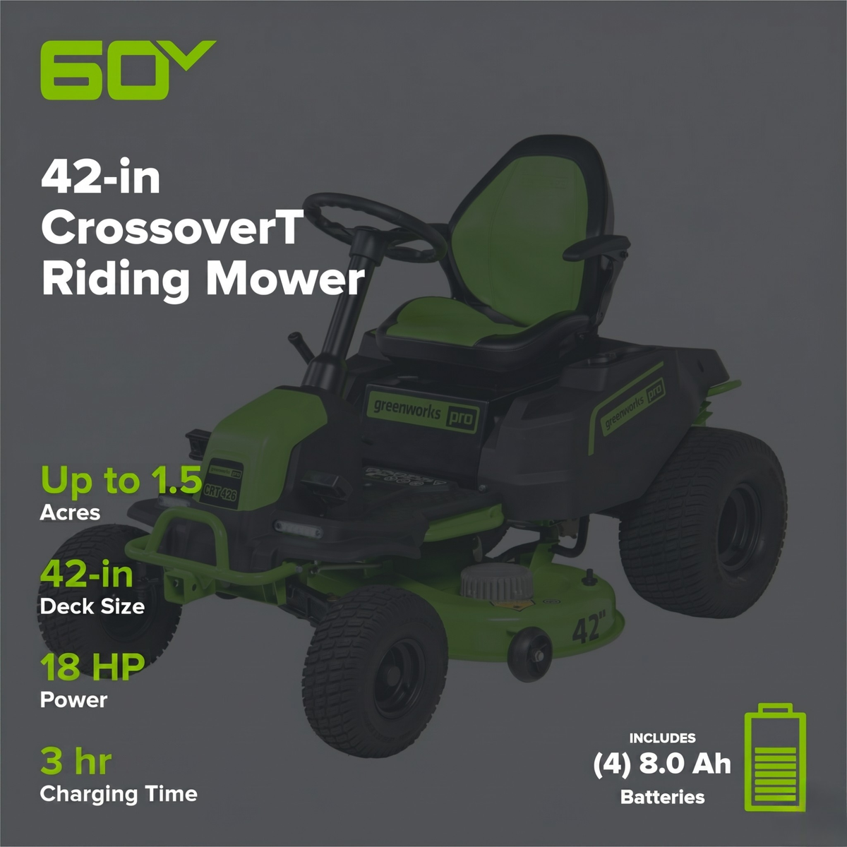 60V 42" Cordless Battery CrossoverT Riding Lawn Mower, (4) 8.0 Ah Batteries and 600W Wall Charger, CRT4262