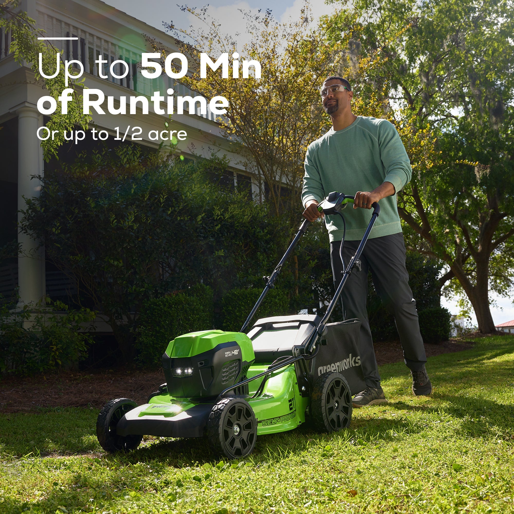 48V (24V x 2) 21" Cordless Battery Self-Propelled Mower 3PC Combo Kit: (2) 5.0Ah Batteries,(1) 2.0 Ah Battery,(1) Dual-Port Rapid Charger and (1) 2A Charger