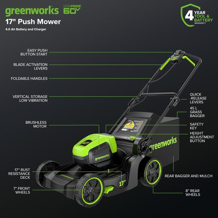 60V 17" Cordless Battery Push Lawn Mower and 13" String Trimmer Combo Kit: 4.0 Ah Battery and Charger