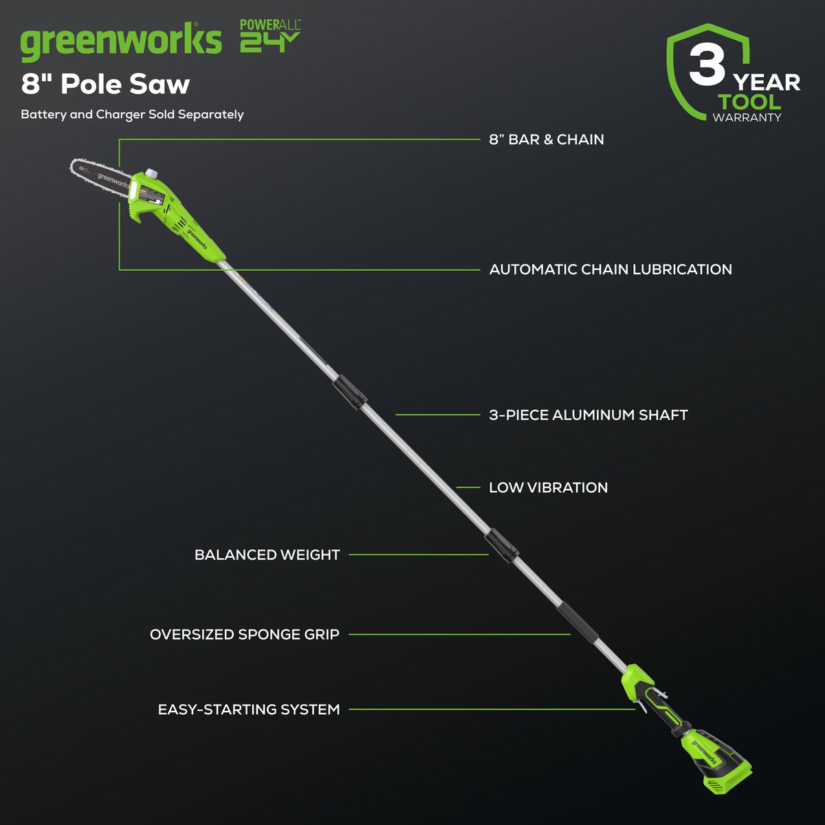 24V 8" Cordless Battery Pole Saw (Tool Only)
