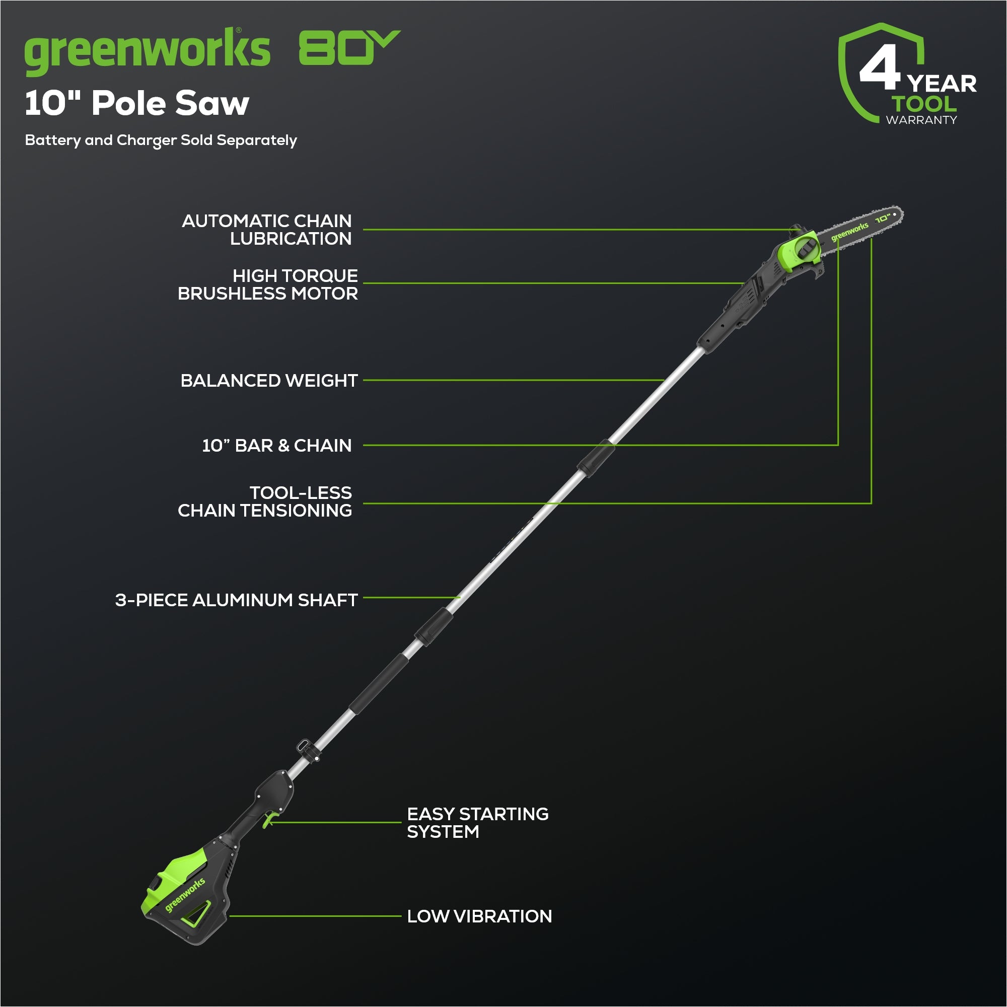 80V 10" Gen2 Cordless Battery Pole Saw (Tool Only)