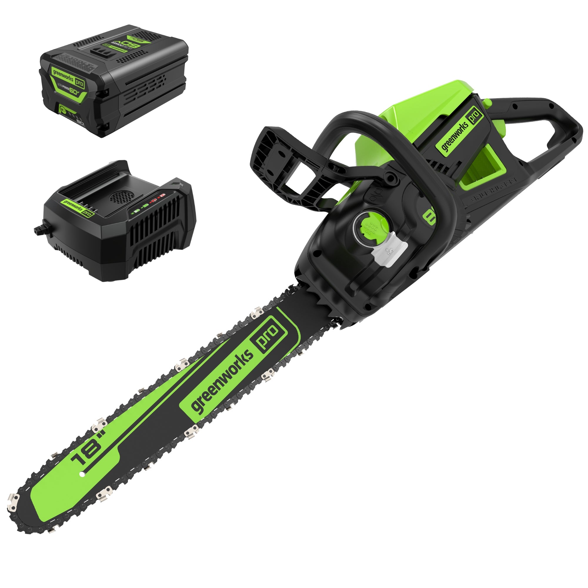 60V 18" Cordless Battery Brushless 2.5kW Chainsaw: 5.0 Ah Battery and Rapid Charger