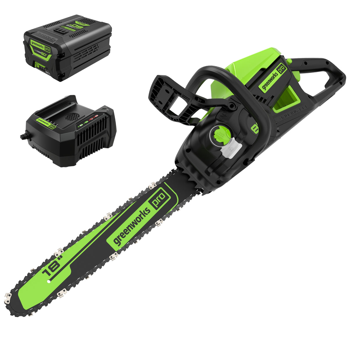 60V 18" Cordless Battery Brushless 2.5kW Chainsaw: 5.0 Ah Battery and Rapid Charger