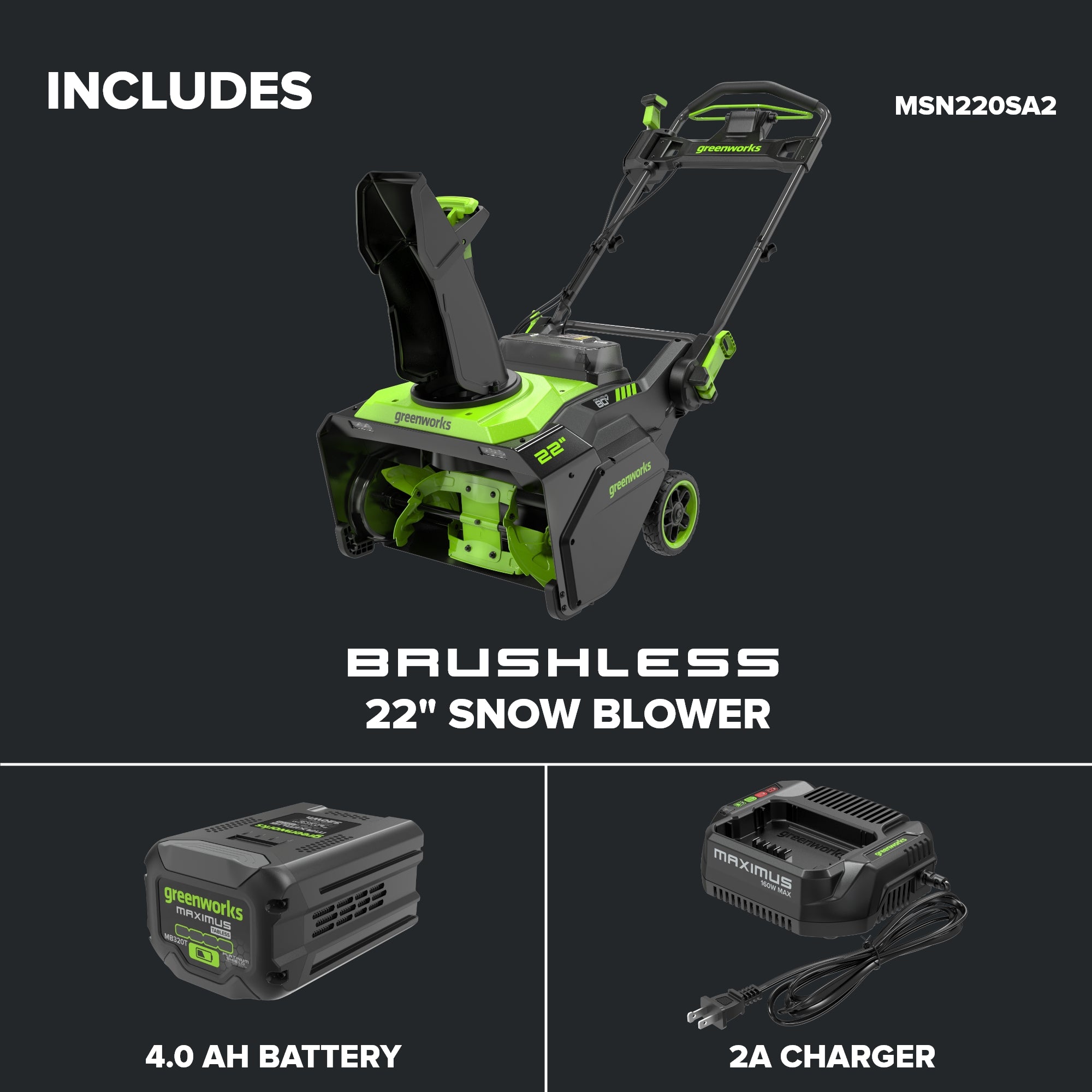 80V 22" Maximus Brushless Cordless Single-Stage Snow Blower: (1) 4.0 Ah Battery, (1) 2A Single-Port Charger