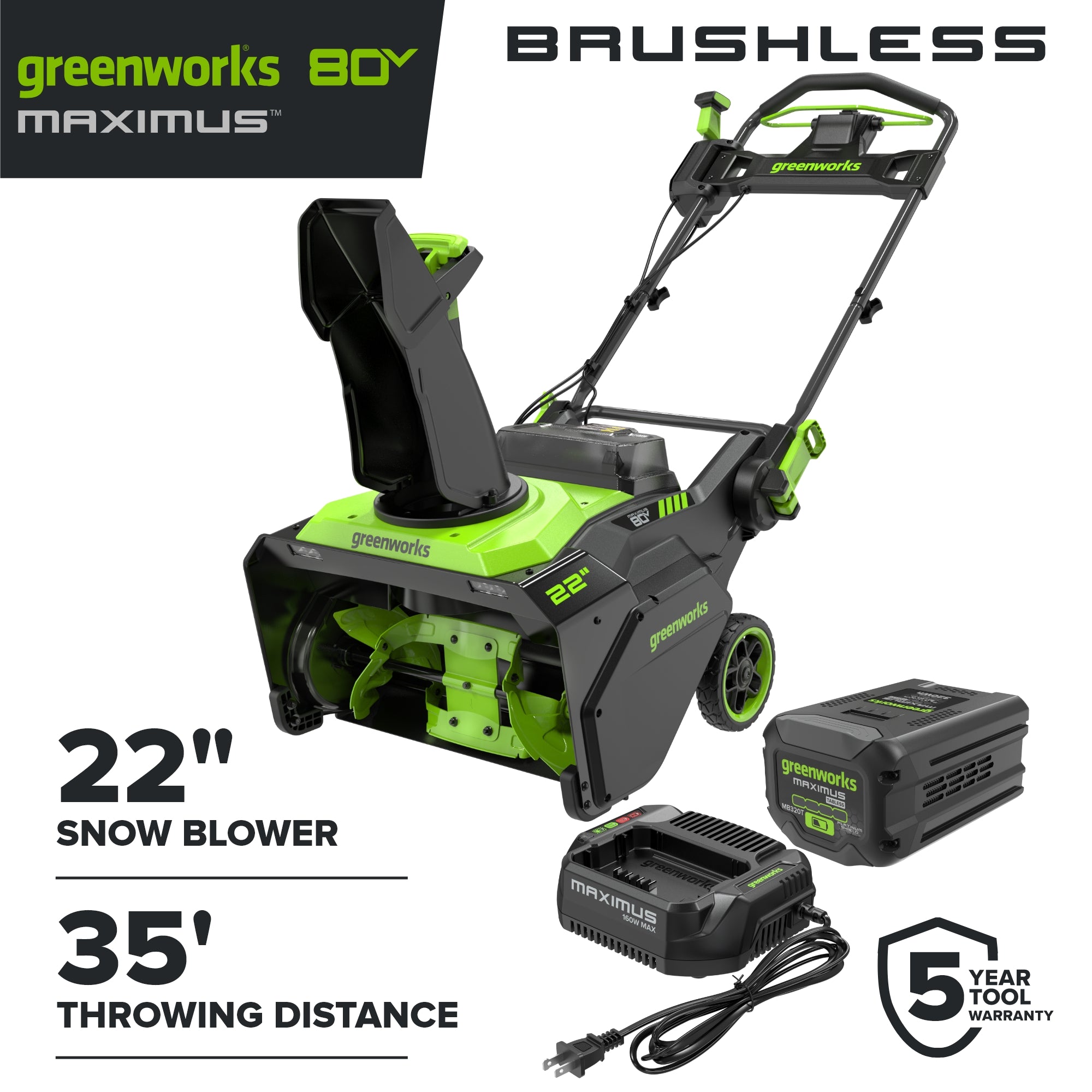 80V 22" Maximus Brushless Cordless Single-Stage Snow Blower: (1) 4.0 Ah Battery, (1) 2A Single-Port Charger