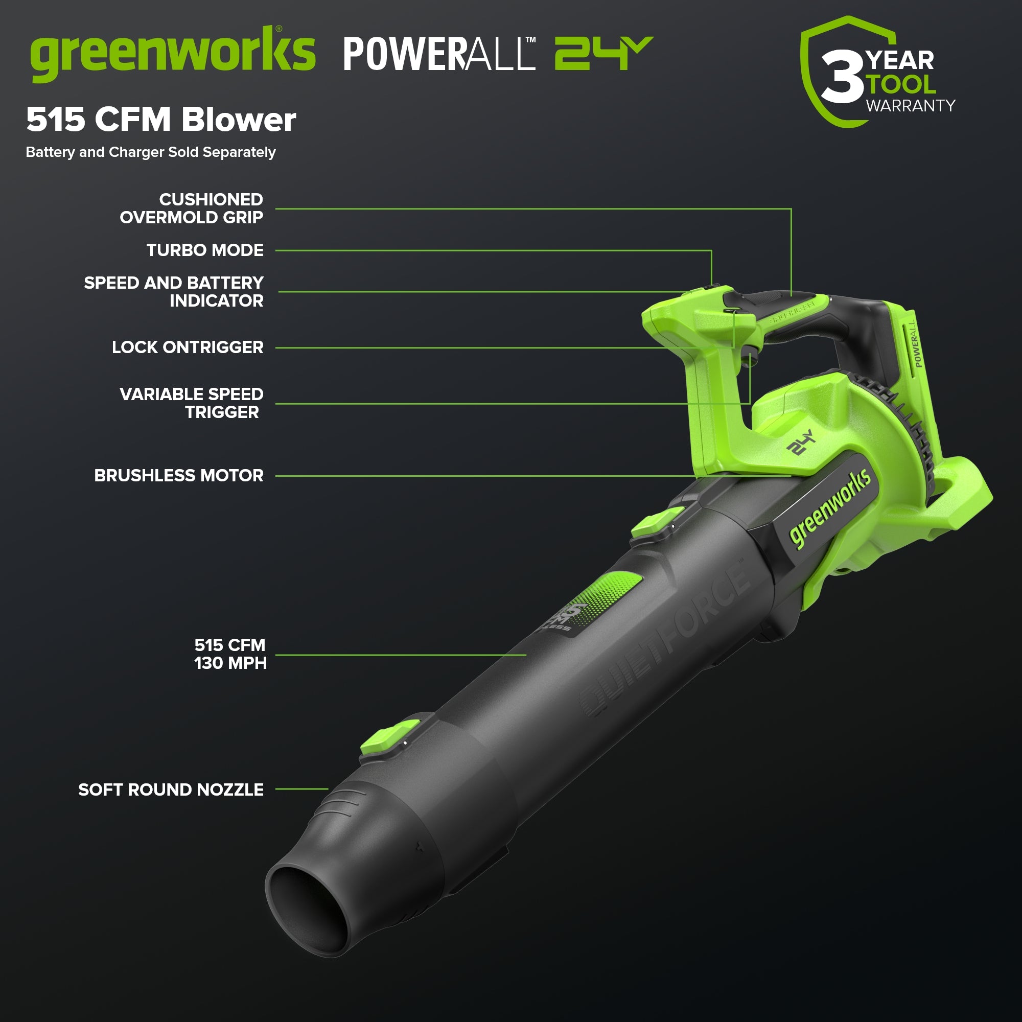 24V 515 CFM Cordless Battery Brushless Blower (Tool Only)