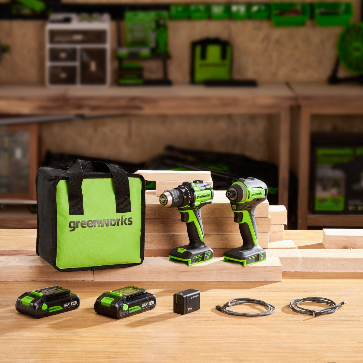 24V Cordless Battery 400 in-lbs Drill / Driver and 1950 in-lbs Impact Driver, Two(2) 2.0 Ah USB-C Batteries and 65W USB-C Fast Charger