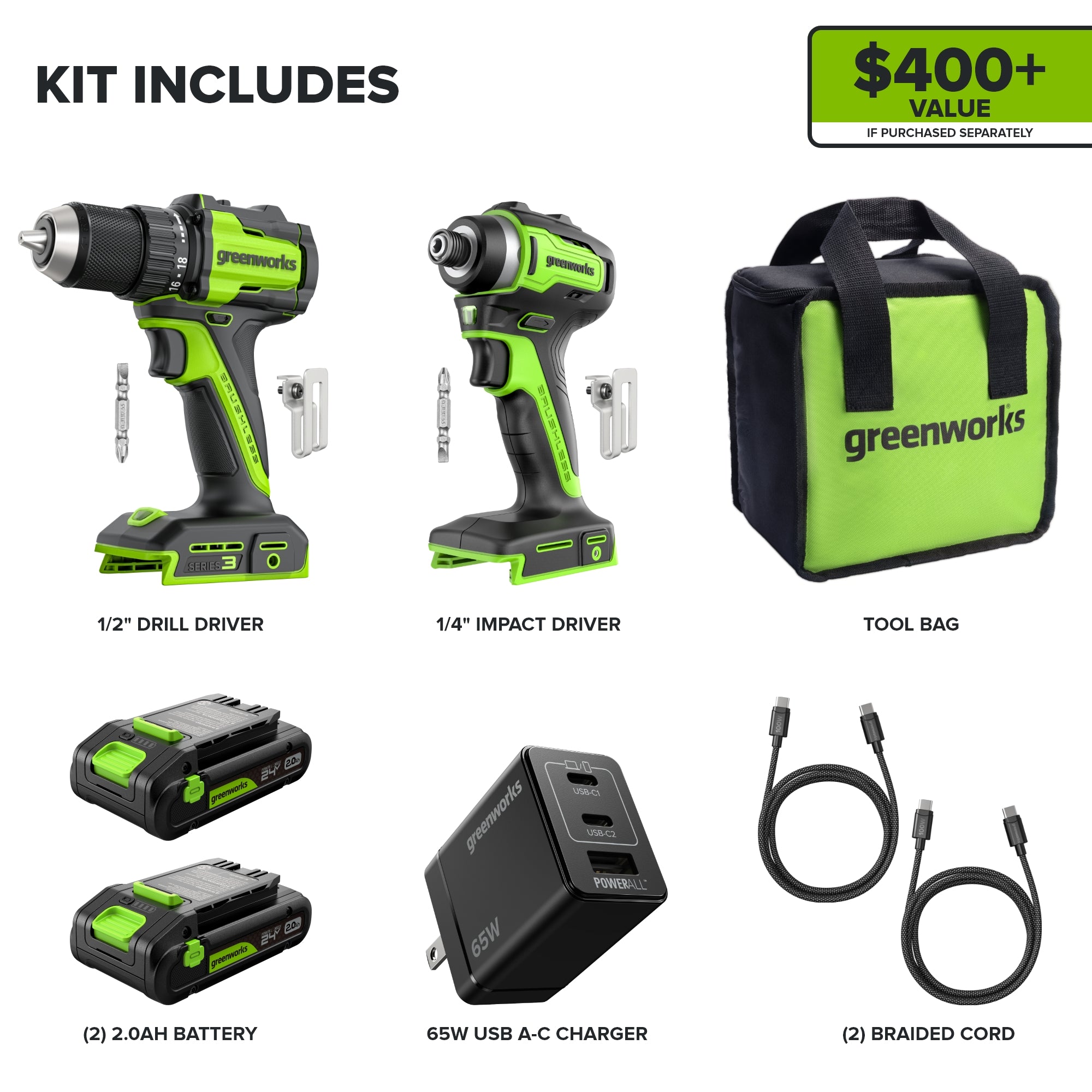 24V Cordless Battery 400 in-lbs Drill / Driver and 1950 in-lbs Impact Driver, Two(2) 2.0 Ah USB-C Batteries and 65W USB-C Fast Charger