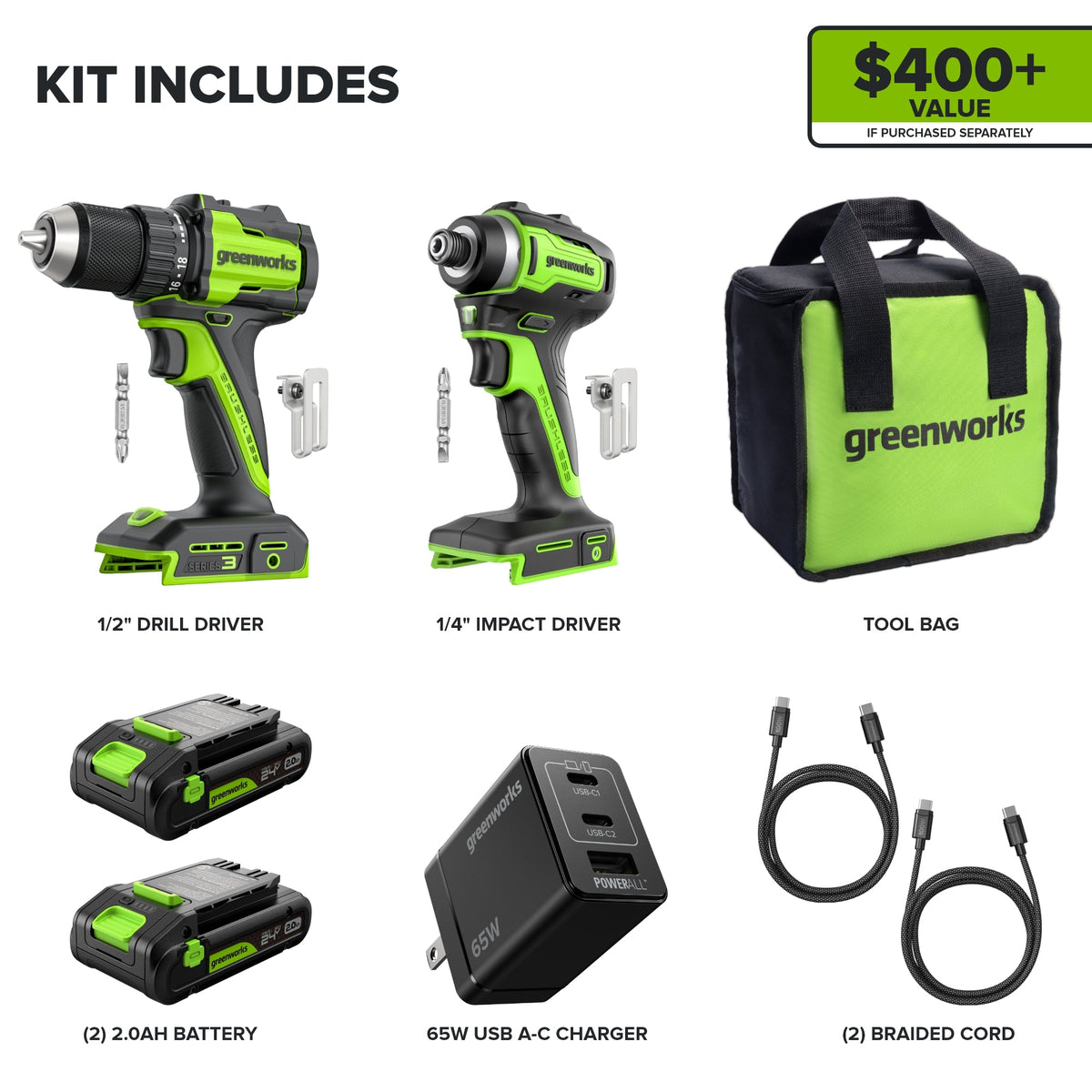 24V Cordless Battery 400 in-lbs Drill / Driver and 1950 in-lbs Impact Driver, Two(2) 2.0 Ah USB-C Batteries and 65W USB-C Fast Charger