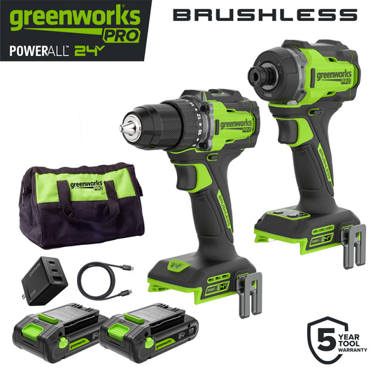 24V PowerAll Pro 530 in-lb Drill Driver and 2,200 in-lb Impact Driver Combo Kit, with (2) 2.0 Ah Batteries, 65W Charger, 3' Cable, Belt Clips, and Carrying Bag